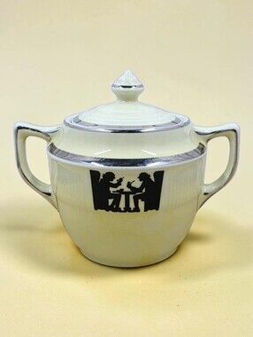 Halls Silhouette Tavern Pattern Lidded Sugar Bowl Pale Yellow Silver Rim